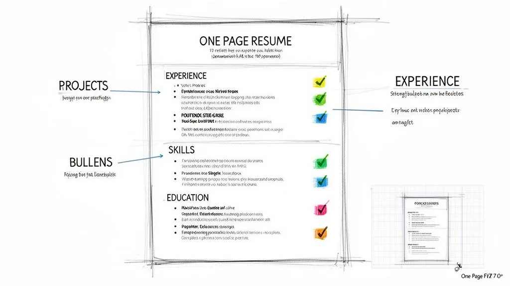 A sketched blueprint of a one-page resume template, outlining sections for experience, skills, and education.