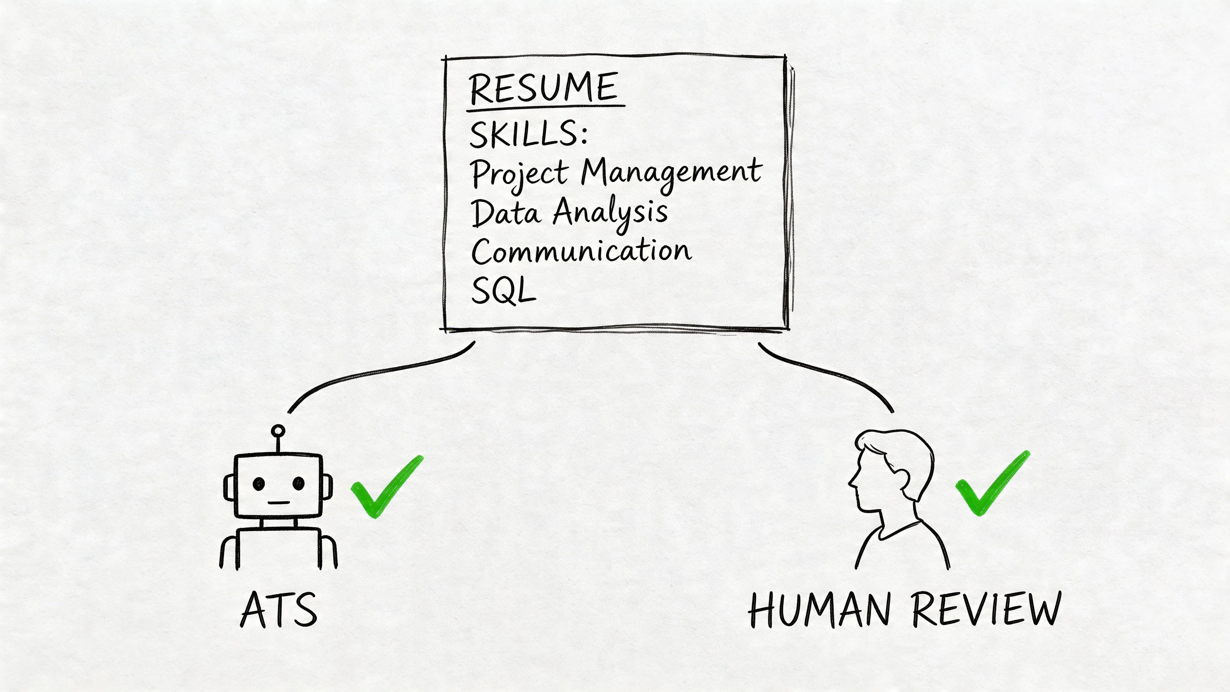 A hand-drawn illustration showing a resume being evaluated by both an automated ATS system and a human reviewer.