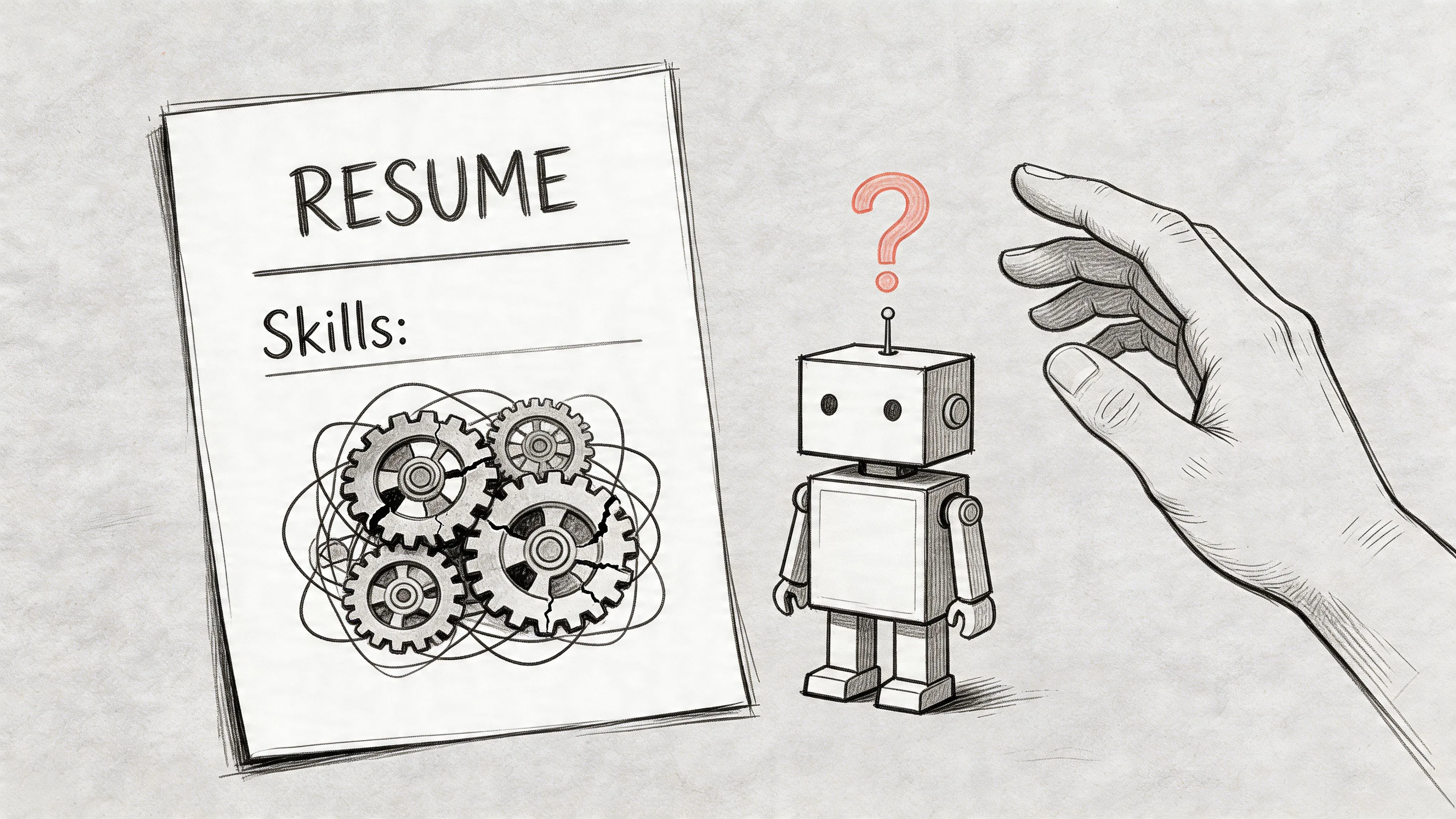 A hand reaching for a robot next to a resume document with broken gears for skills.