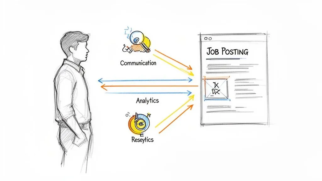 Diagram showing a person interacting with a job posting via communication, analytics, and Reseytics for recruitment.