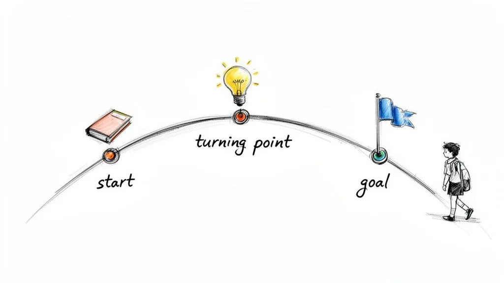 A student's path from start (book) to a goal (flag), featuring a turning point (lightbulb) in the middle.