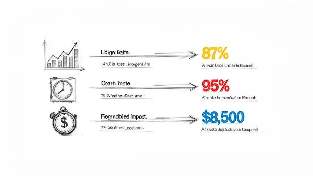 A sketch infographic showing three sets of statistics with icons: a bar graph, a clock, and a stopwatch.