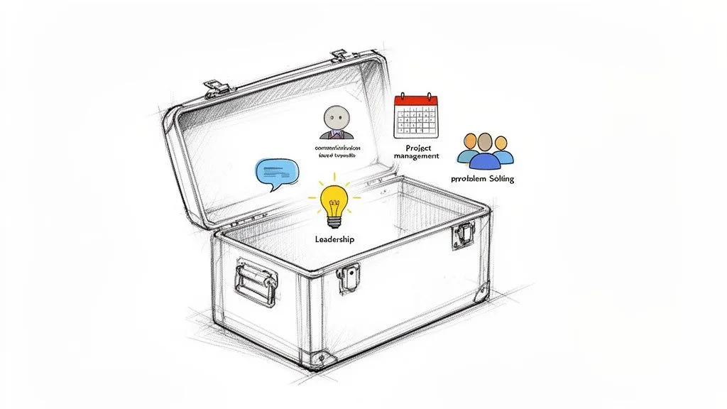 An open trunk with icons representing professional skills like leadership, project management, communication, and problem-solving.