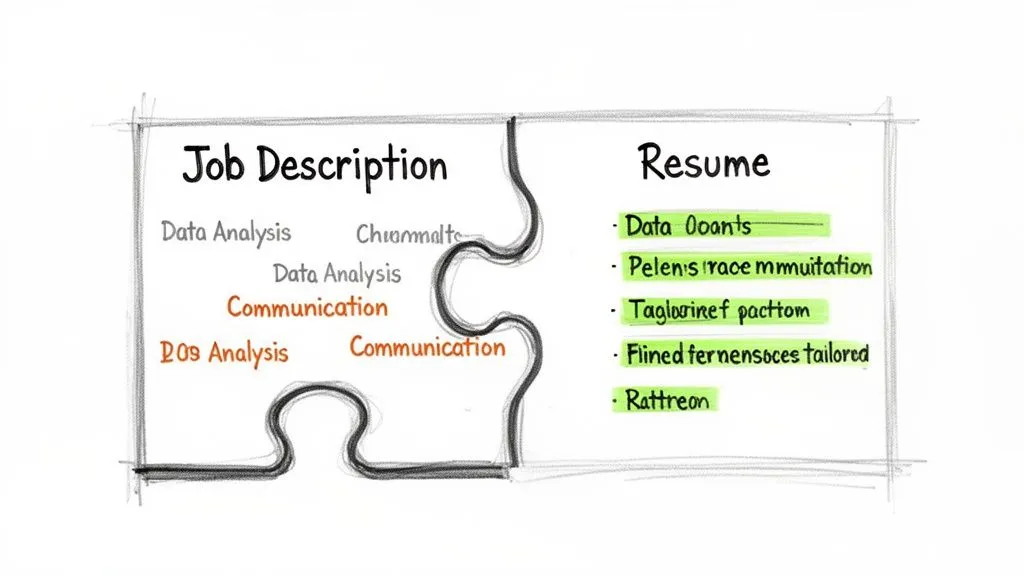 Two puzzle pieces representing a job description and a resume, highlighting keyword matching.