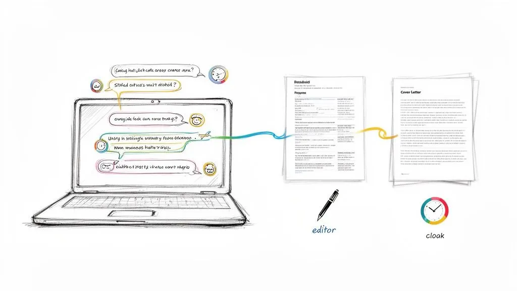 A sketch of a laptop displaying a mind map, linked to a resume and cover letter documents.