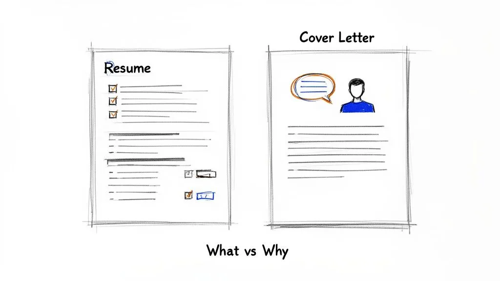 Illustration showing the difference between a resume (what) and a cover letter (why) for job applications.