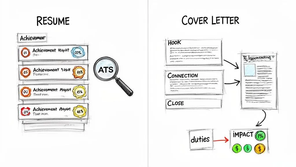 Comparison of resume (ATS-optimized achievements) and cover letter (hook, connection, close, duties to impact).