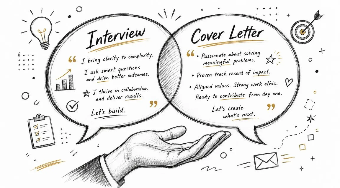 A hand holding speech bubbles showing professional values for an interview and a cover letter presentation.