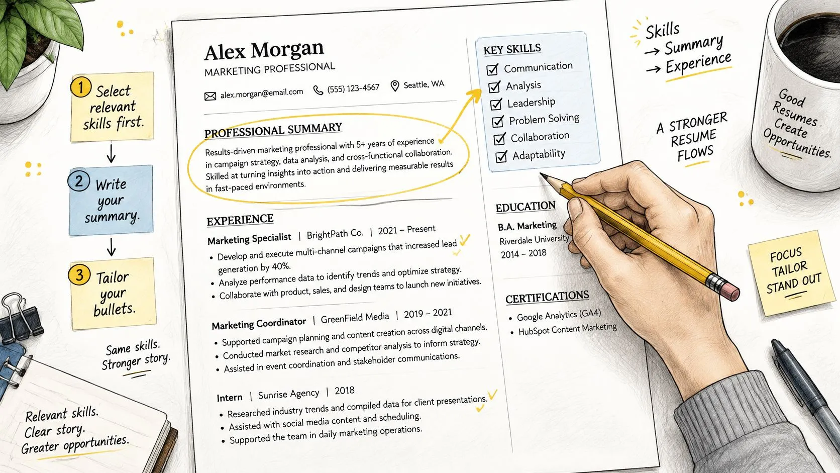 An educational infographic illustrating the step-by-step process of building a professional resume with highlighted transferable skills.