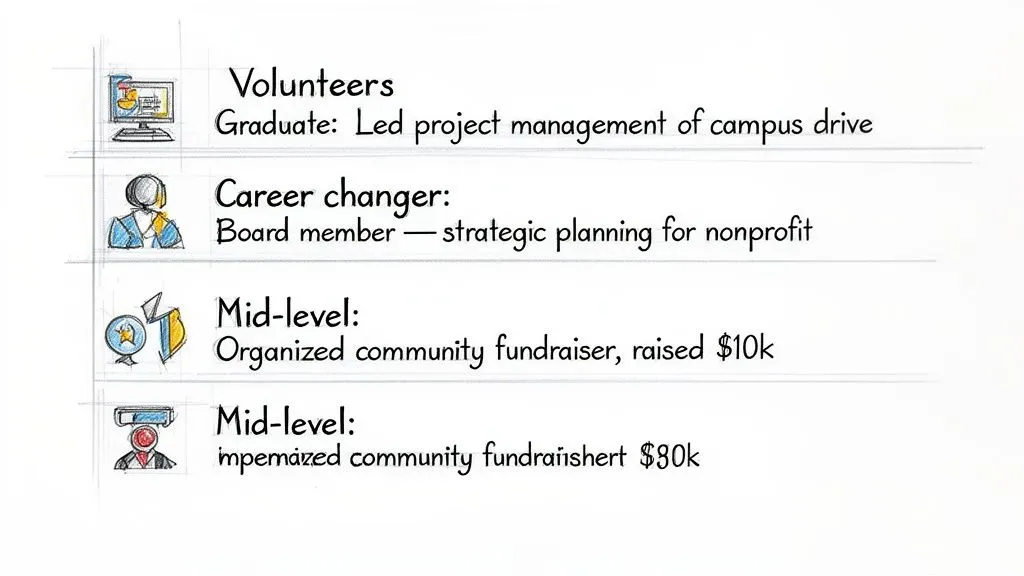 Illustrations of volunteer, career changer, and mid-level work experiences with detailed descriptions.