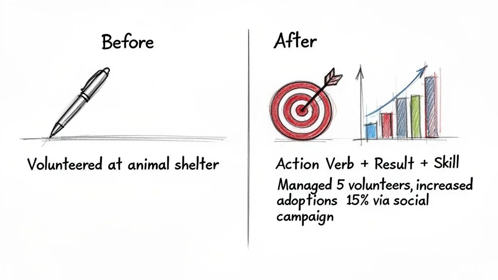 Flowchart guiding whether to include volunteer experience on a resume based on career change and skill relevance.