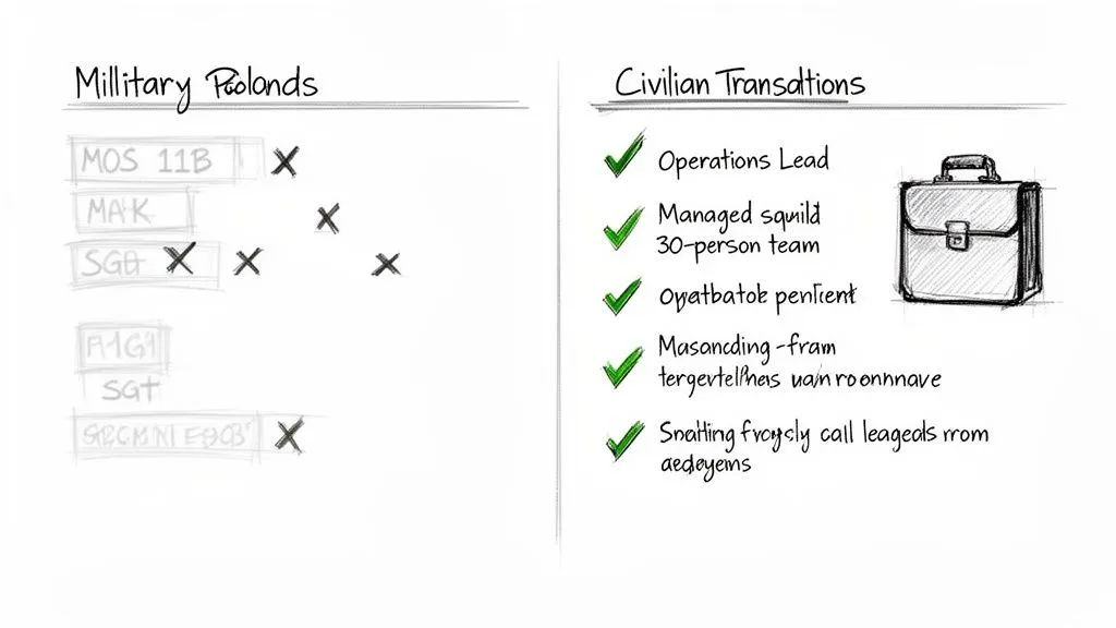 A graphic illustrating military experience (MOS, SGT) translated into civilian skills like Operations Lead and team management.