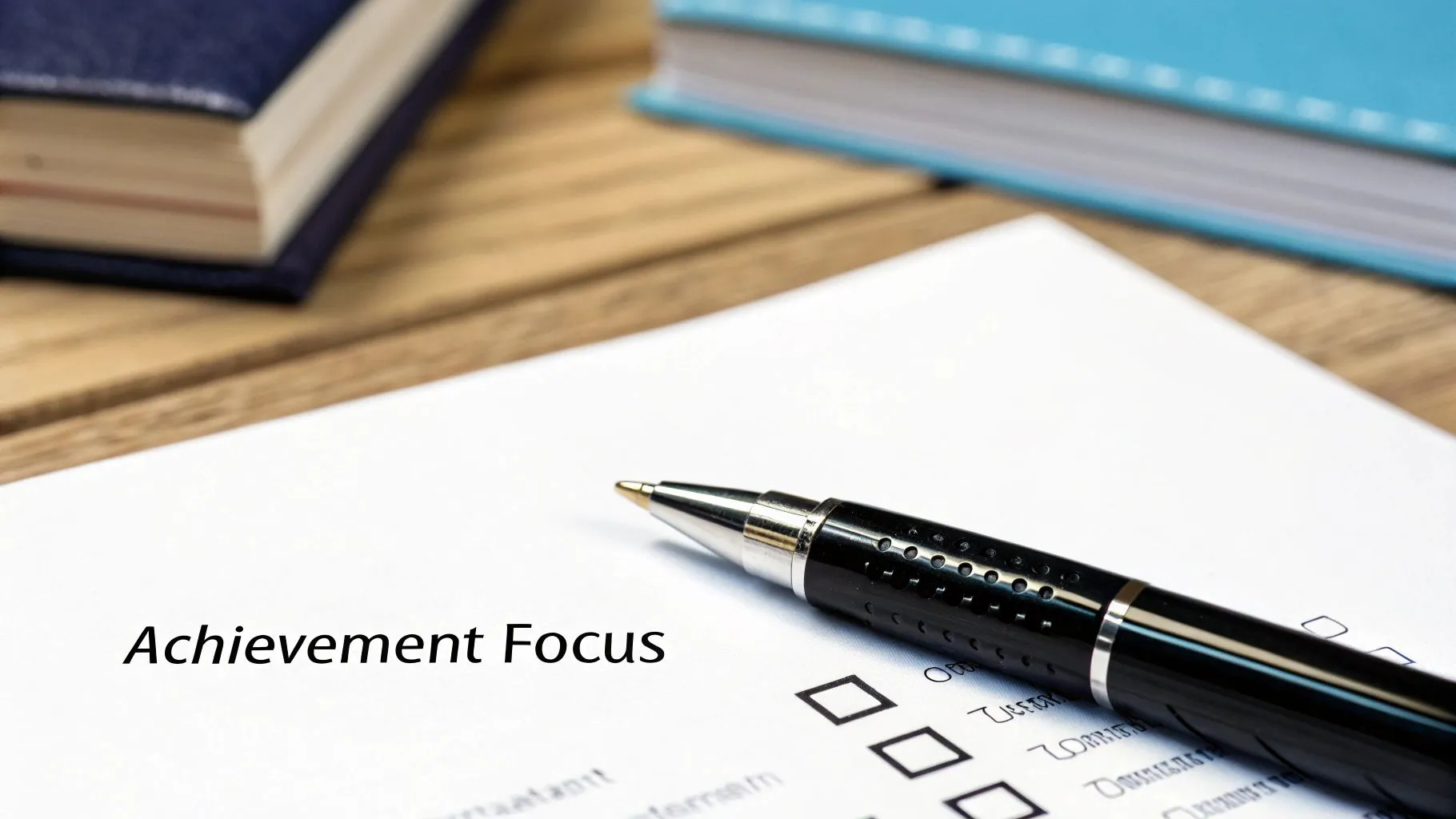 A pen rests on a paper checklist with 'Achievement Focus' written, next to blurred books.