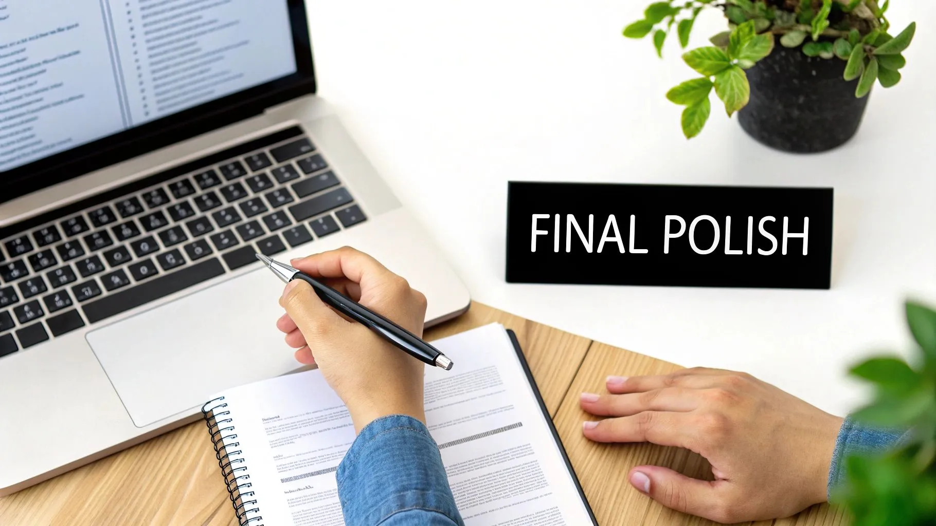 A person's hands, one writing in a notebook next to a laptop, with a 'FINAL POLISH' sign on a white desk.
