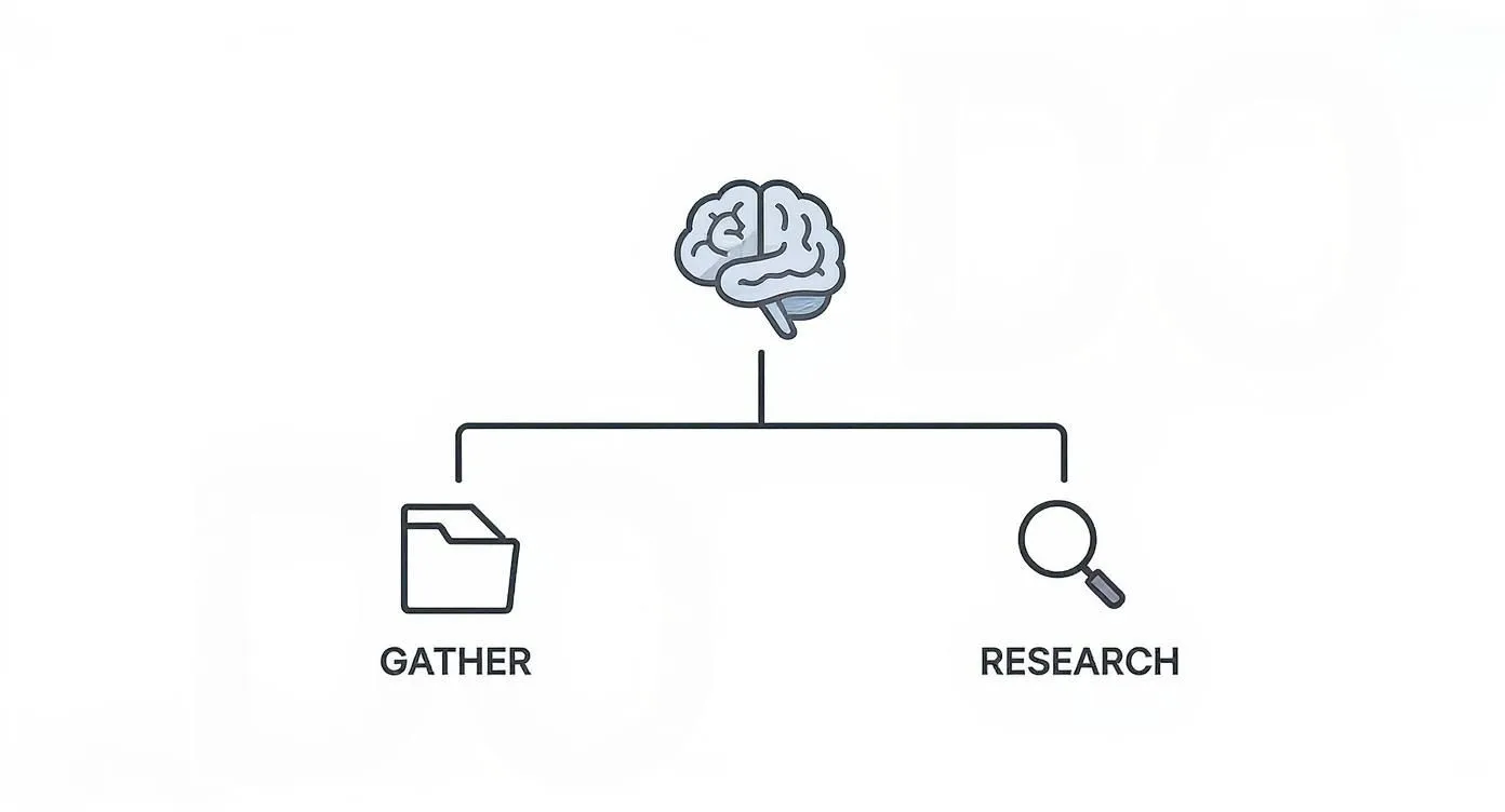 A diagram showing a brain connected to icons for 'GATHER' (folder) and 'RESEARCH' (magnifying glass).