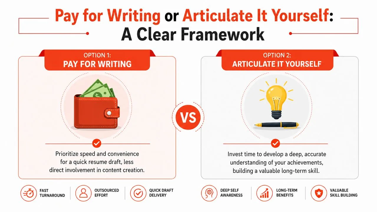 A comparison infographic between paying for professional resume writing services versus articulating your own career achievements.