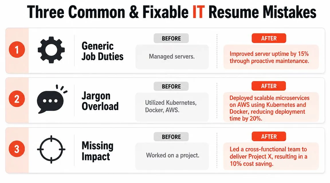 A chart showing three common IT resume mistakes with before and after examples to improve job application impact.