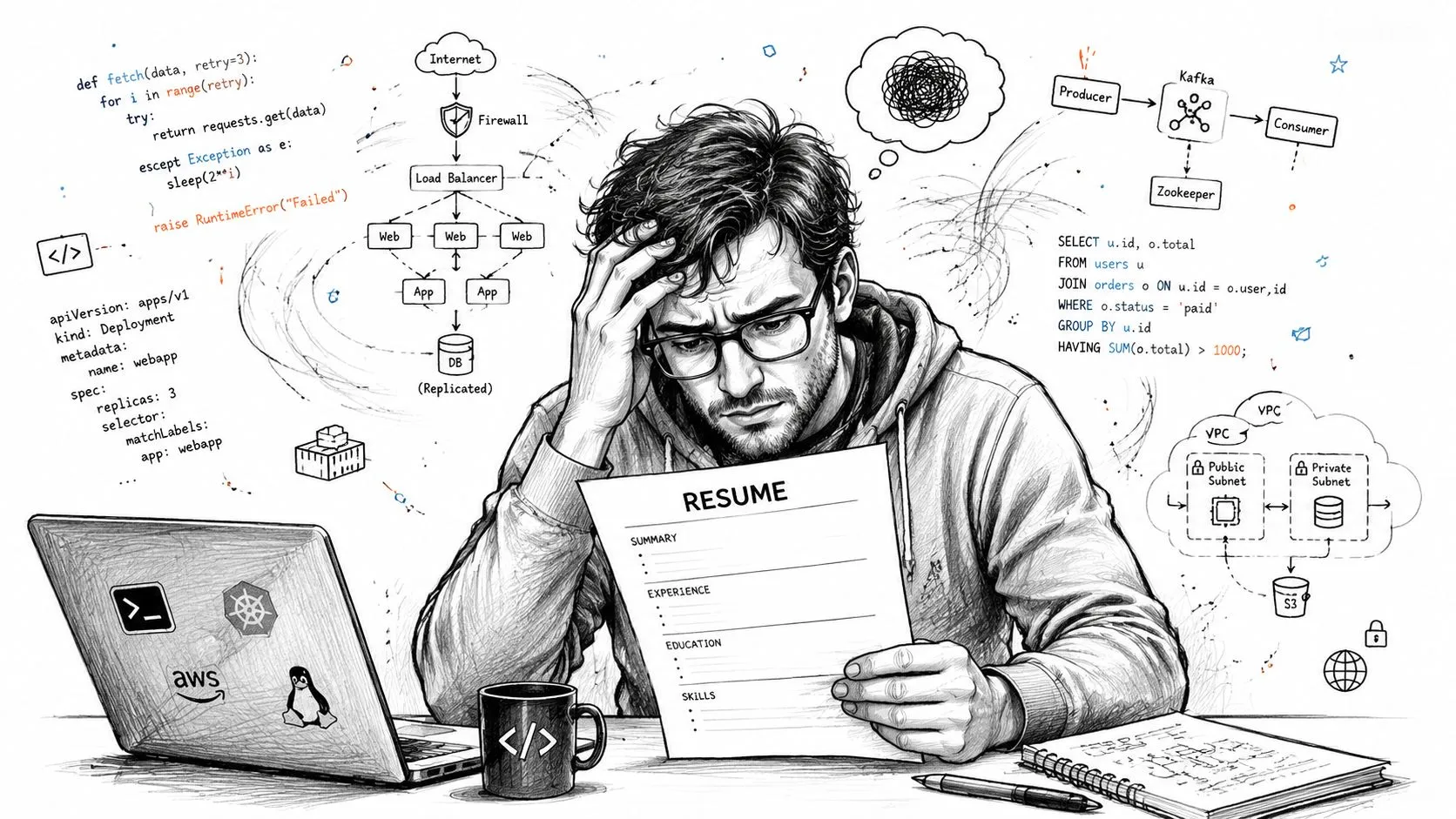 A stressed software engineer sitting at a desk surrounded by technical diagrams while reviewing their professional resume.