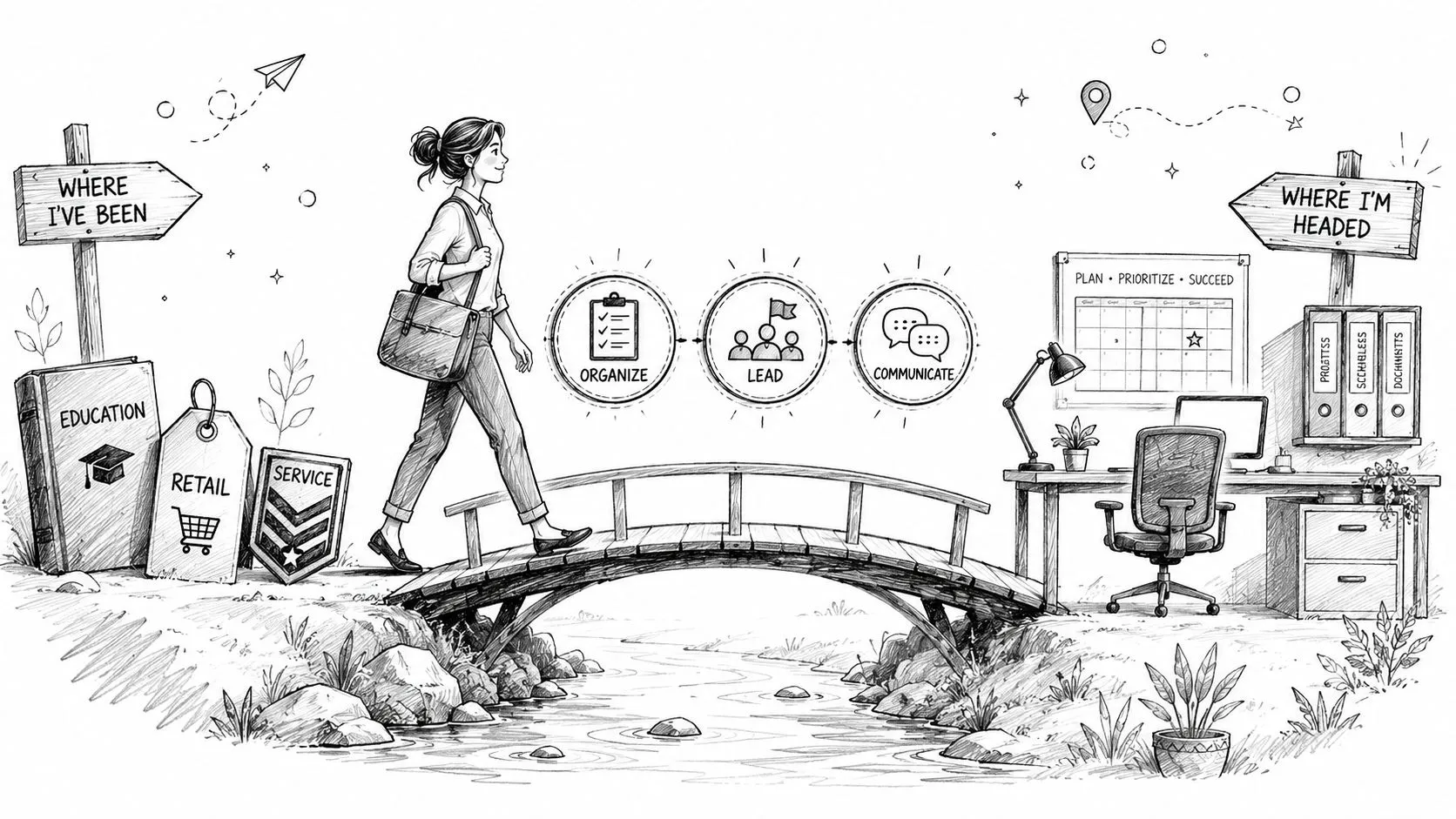 A conceptual line drawing illustrating a professional transition from past career experiences to office management roles.
