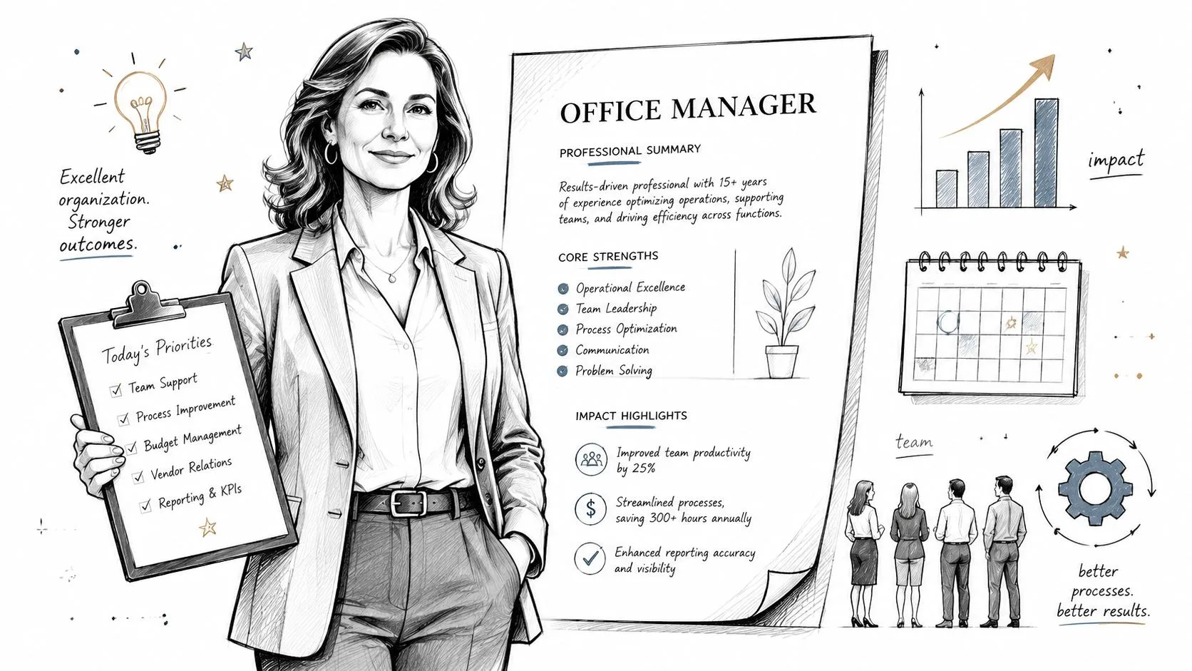 A professional office manager presenting her resume and performance impact highlights with business graphics in the background.