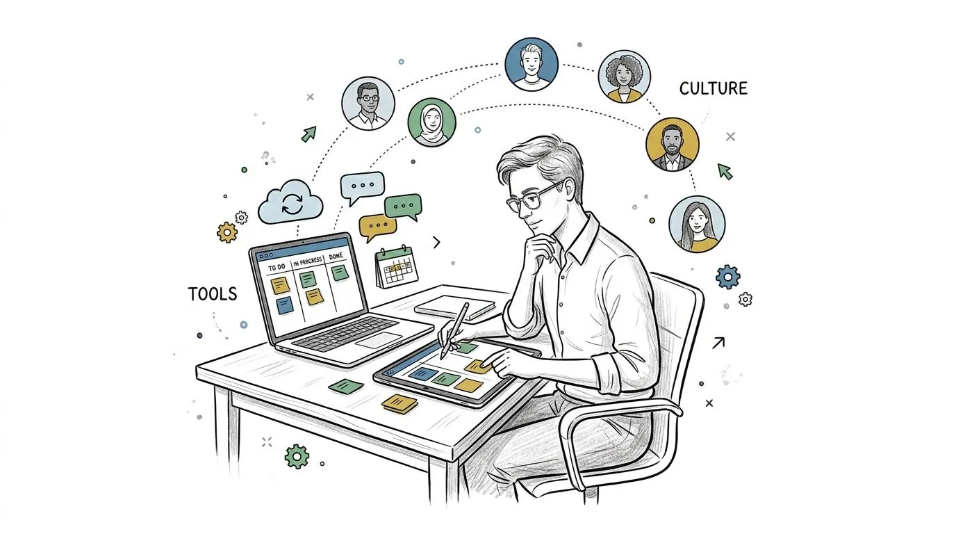 A professional working at a desk using a laptop and tablet, representing team collaboration and digital tools.