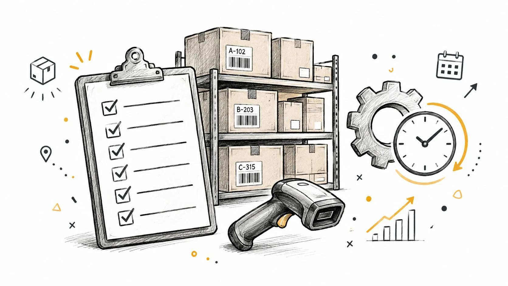 A hand-drawn sketch illustrating logistics and inventory management with a clipboard, barcode scanner, shelving units, and clock.