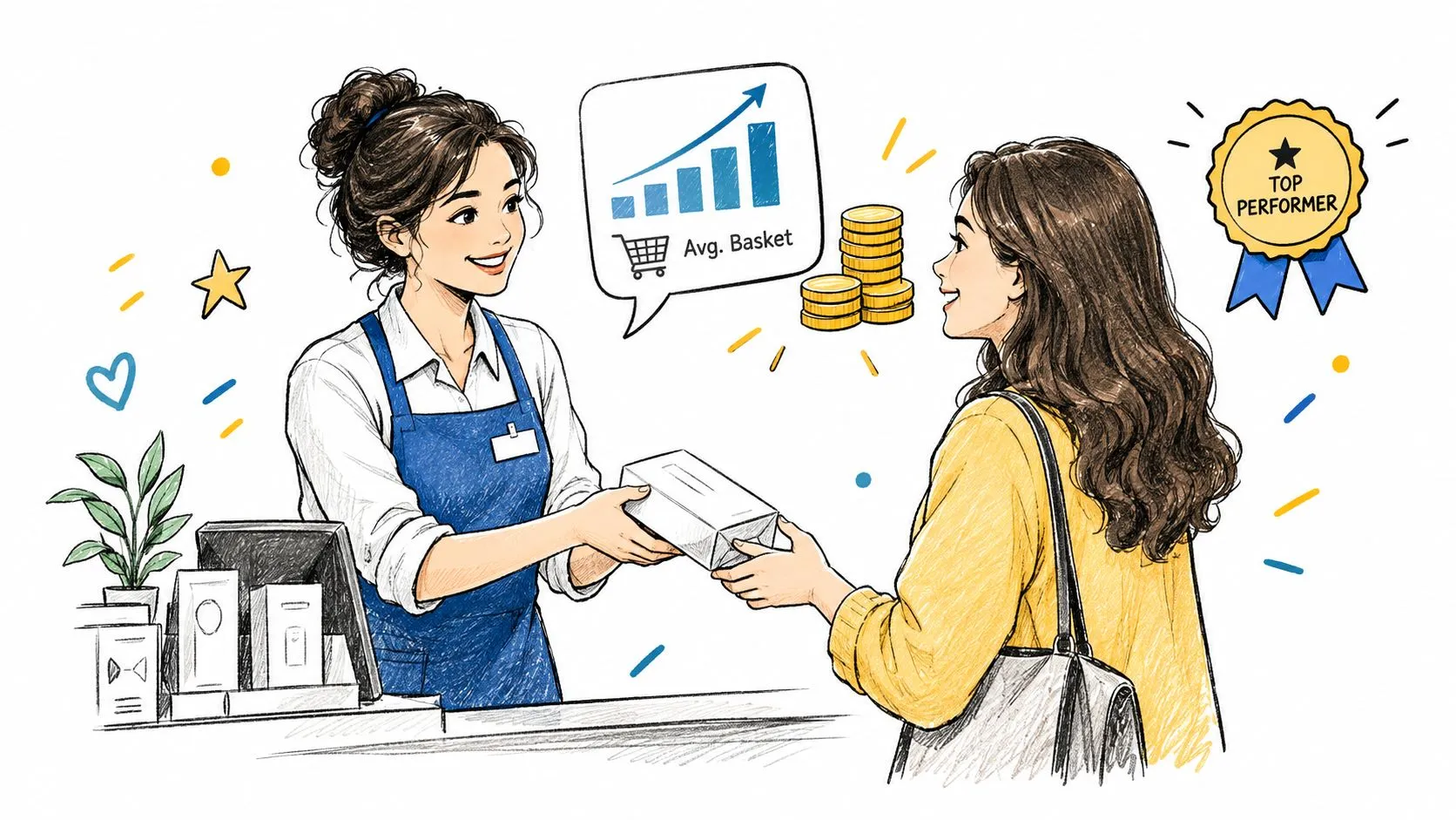 A friendly store clerk in a blue apron assisting a customer with a retail purchase transaction.