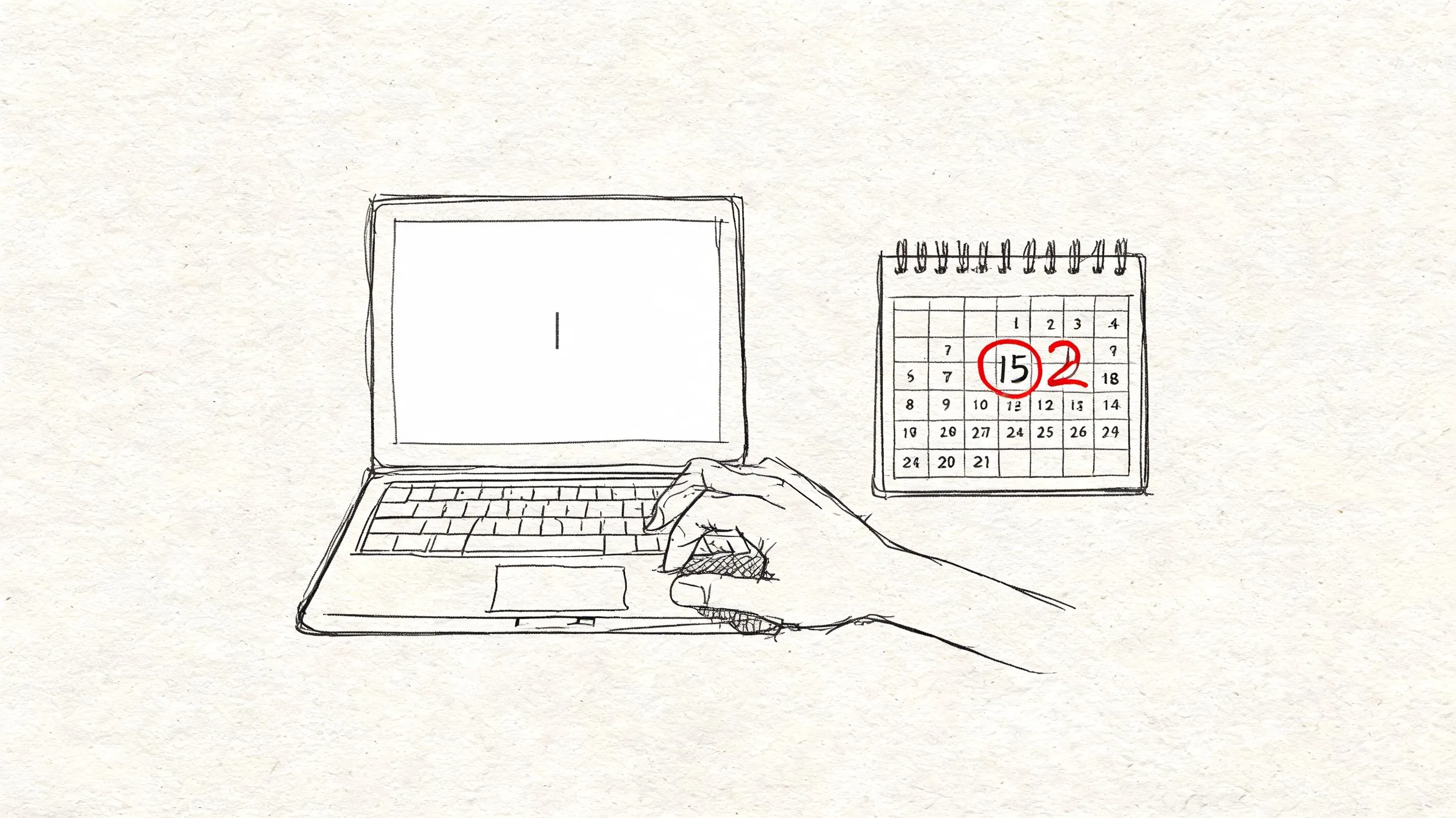 A hand using a laptop next to a sketched calendar with the fifteenth day circled in red.