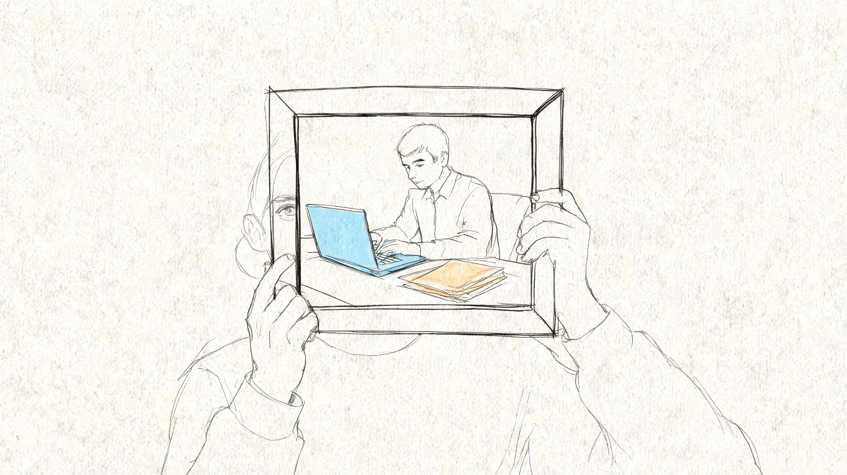A hand-drawn sketch of a person holding a picture frame displaying a man working on a laptop.