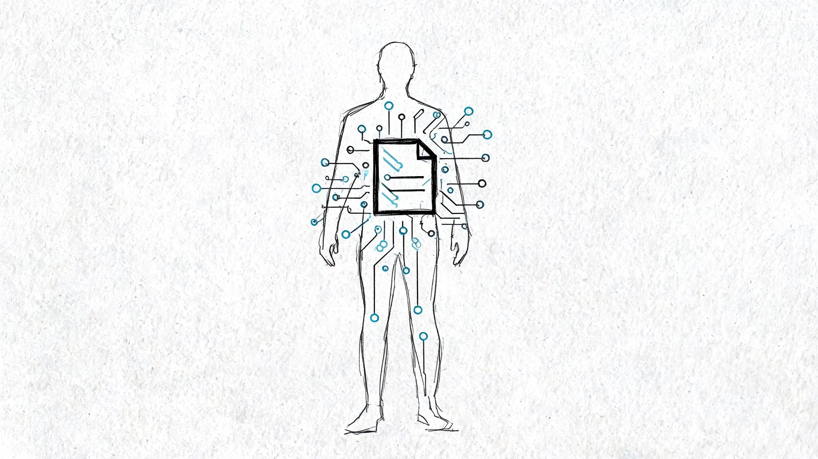 A pencil sketch of a human silhouette with a digital circuit pattern and document icon overlay.
