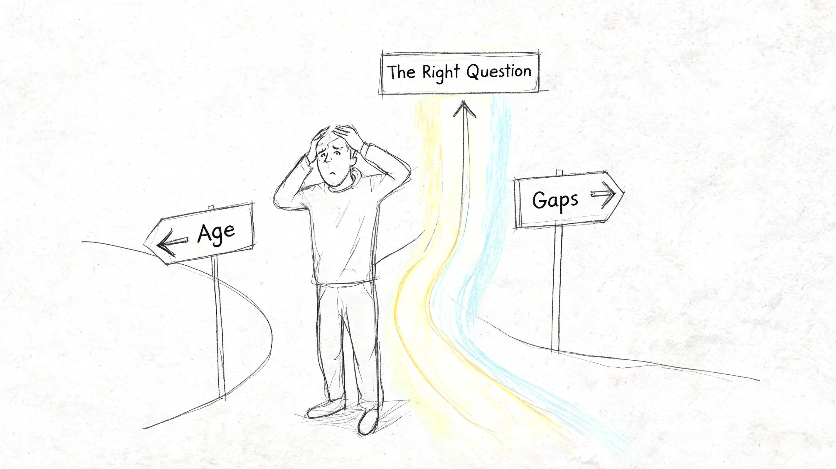 A confused person standing at a crossroads between Age, Gaps, and The Right Question, representing resume doubts.