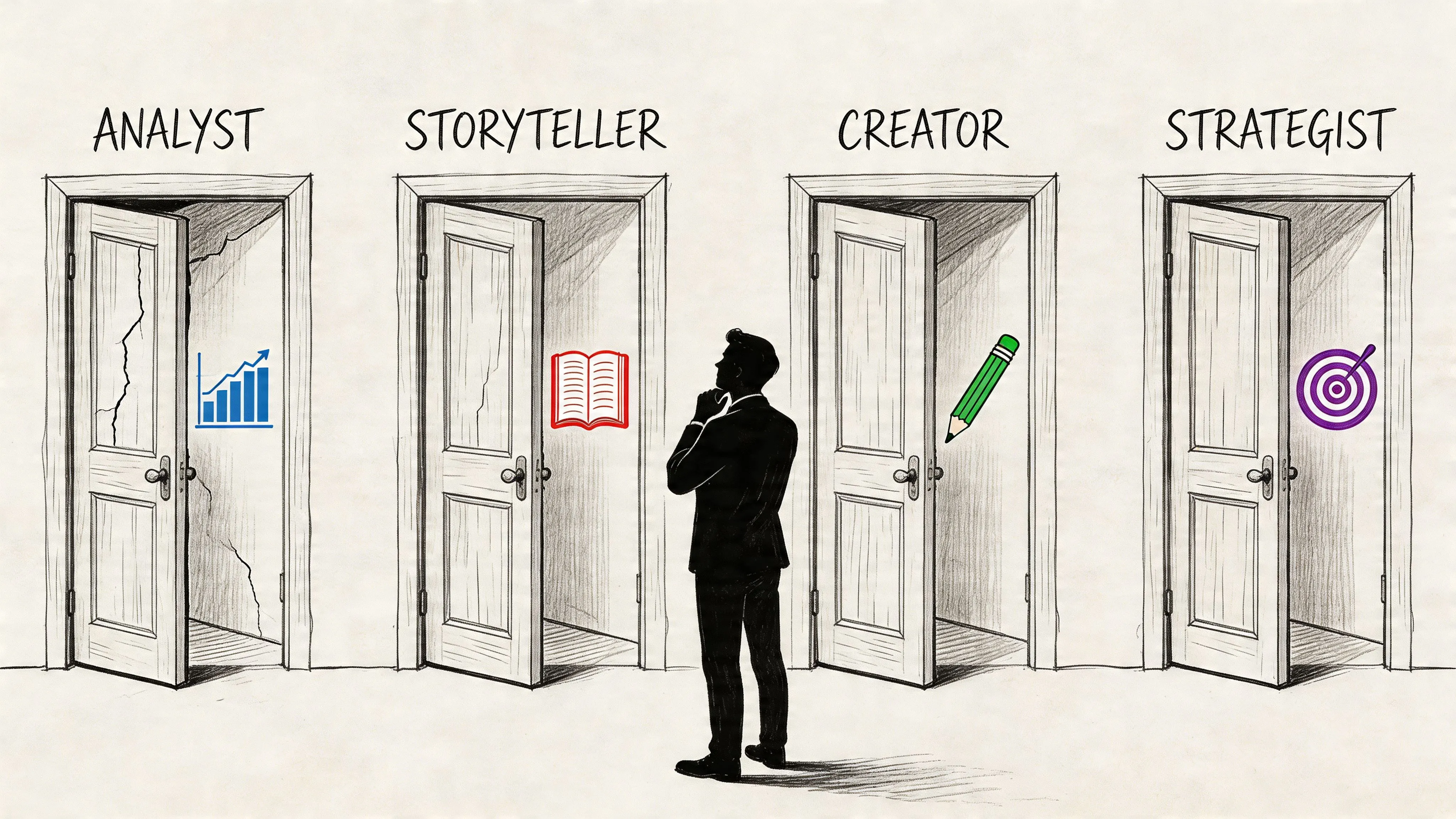 A silhouette of a businessman standing before four open doors labeled Analyst, Storyteller, Creator, and Strategist.