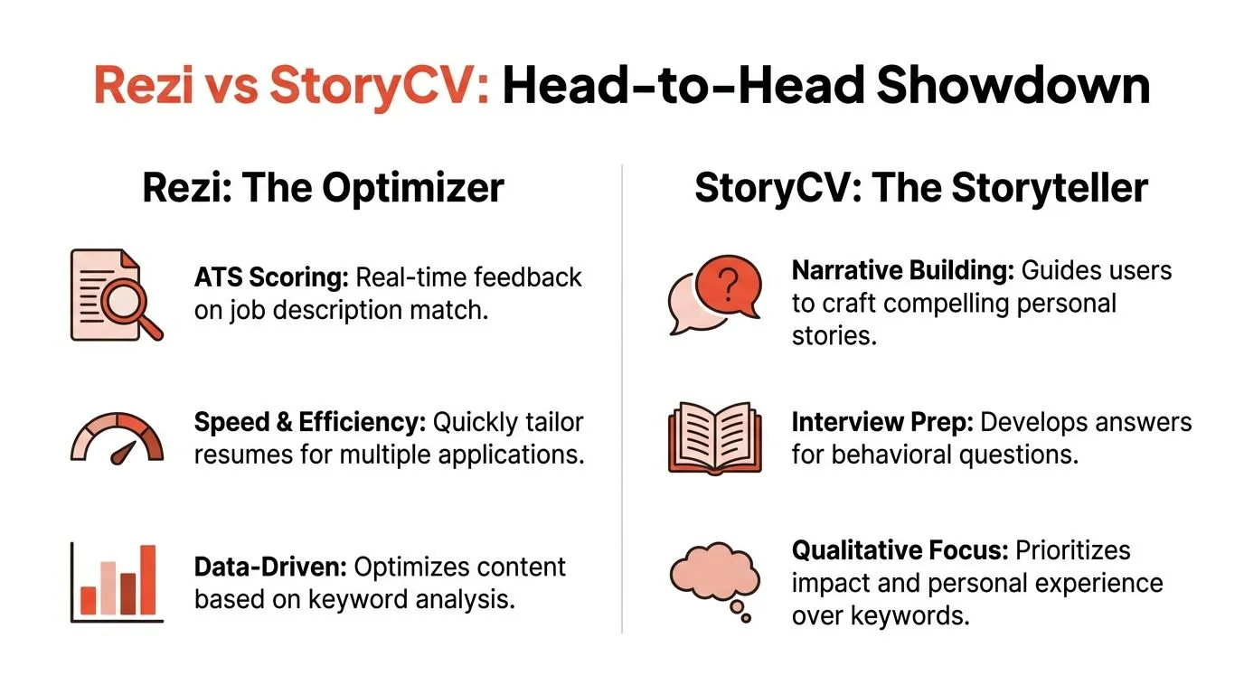 A comparison chart showing features of Rezi, an ATS optimizer, and StoryCV, a personal narrative builder.