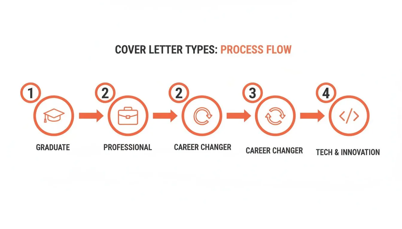 Infographic showing different cover letter types in a numbered process flow, from Graduate to Tech & Innovation.