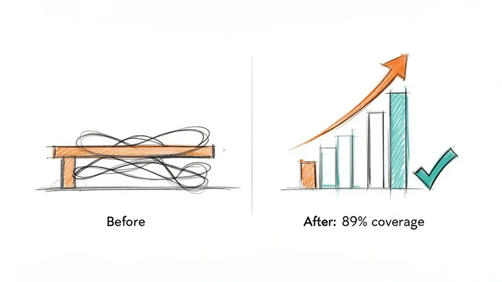 A side-by-side comparison illustrating progress from a chaotic tangle to a structured bar chart achieving 89% coverage.