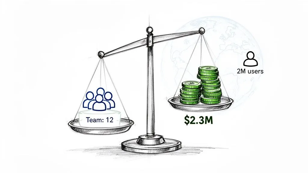 A hand-drawn balance scale shows a team of 12 on one side, and $2.3 million with 2 million users on the other, indicating balance.