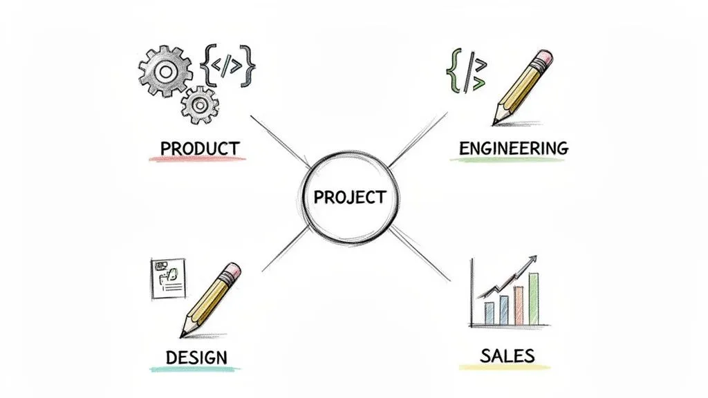 A hand-drawn diagram showing 'PROJECT' at the center, connected to product, engineering, design, and sales functions.