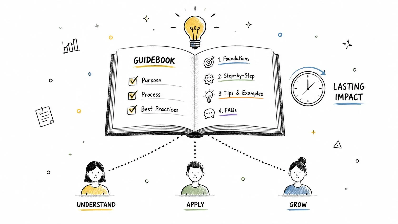 An illustrated guidebook infographic showing steps to success, process improvements, and achieving a lasting impact.
