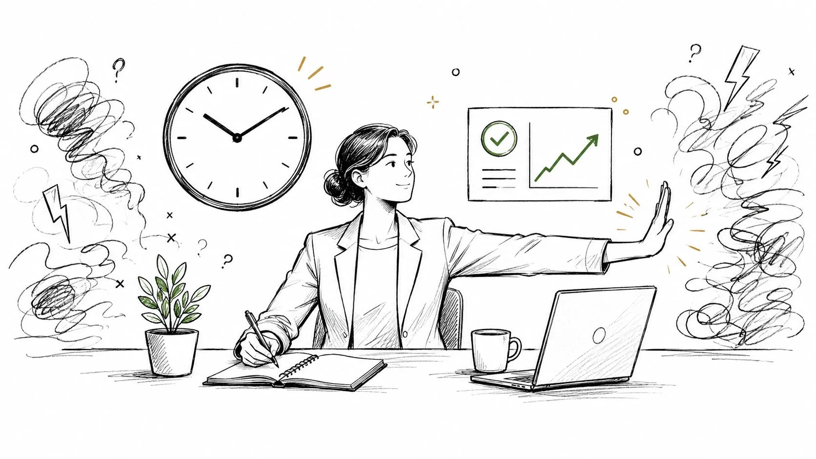 A professional woman working at her desk, successfully blocking out stress to focus on productivity.