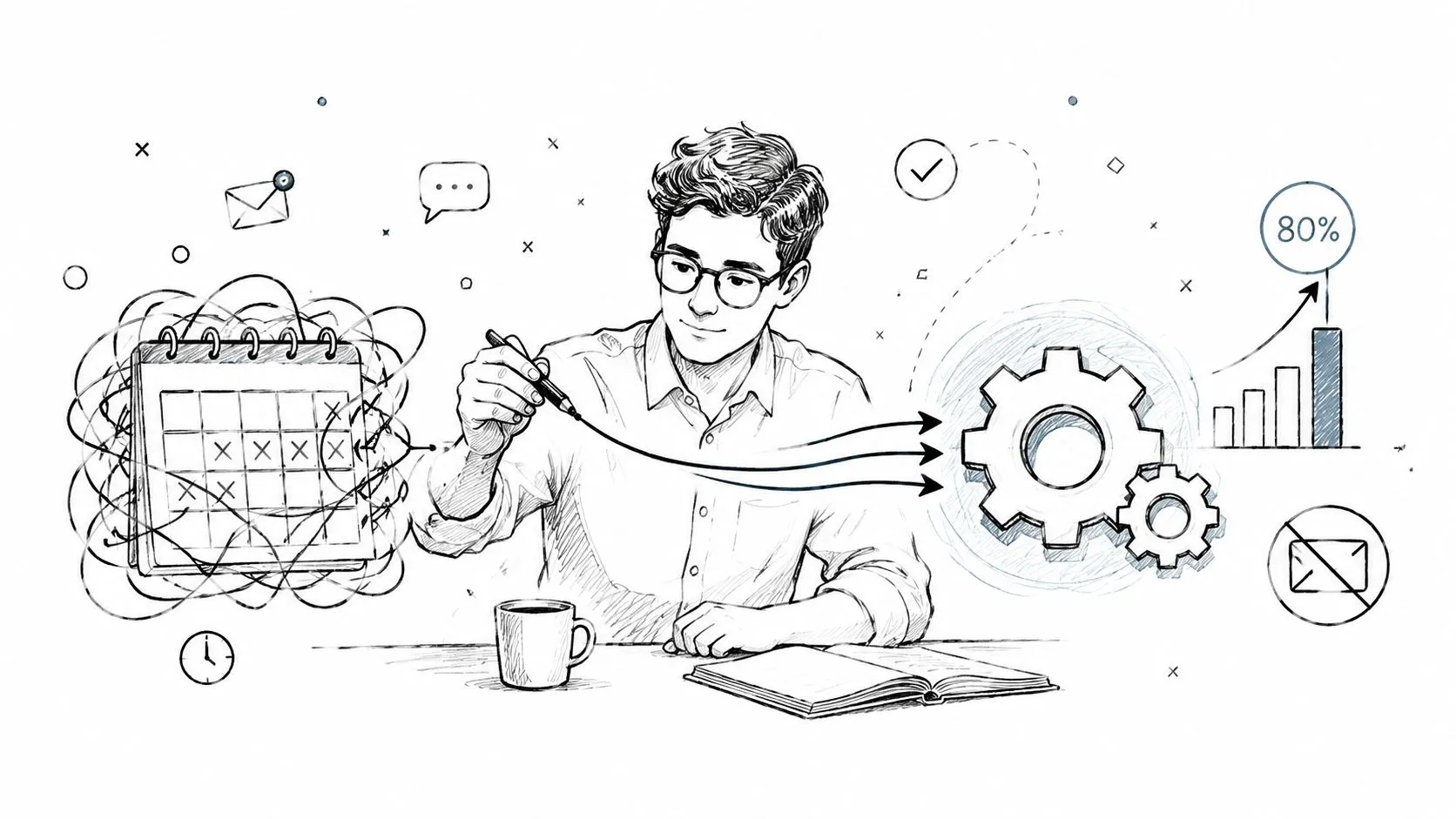 A man sketching a transition from a disorganized calendar to structured business growth and productivity.