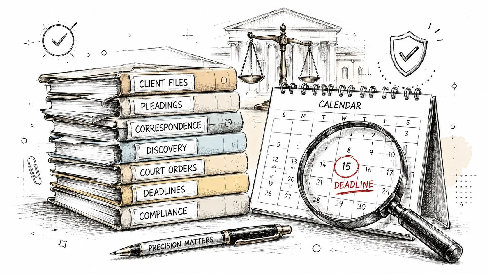 A stack of legal files next to a calendar with a deadline marked by a magnifying glass.