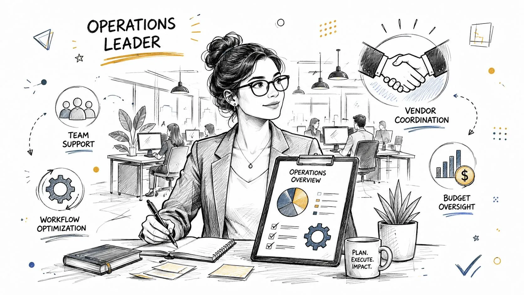 A professional operations leader working at a desk, surrounded by illustrated icons of business management tasks.