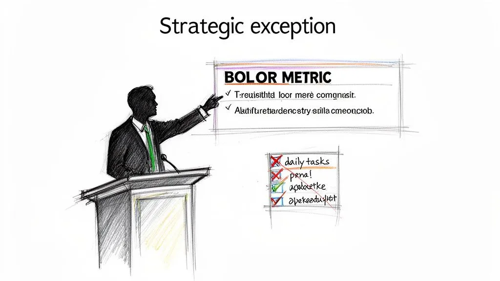 A sketch of a speaker at a podium pointing to a board with strategic metrics and a task list.