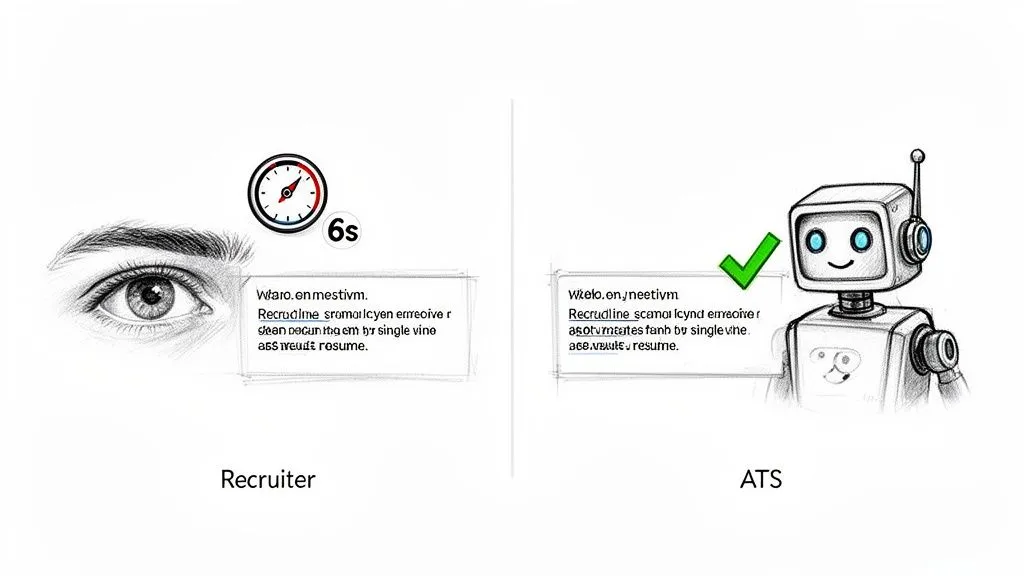Illustration comparing a recruiter's 6-second resume scan with an ATS system approving a resume.
