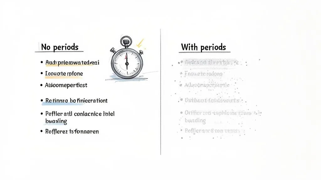 Two bullet point lists contrasting text without periods and text with implied periods, with a stopwatch.