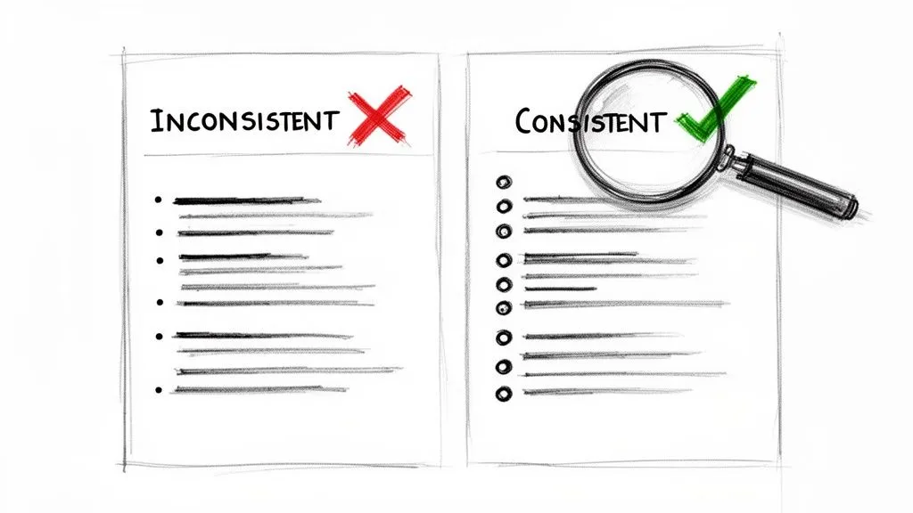 Two columns illustrating inconsistent (red X) versus consistent (green check) bullet points and formatting.
