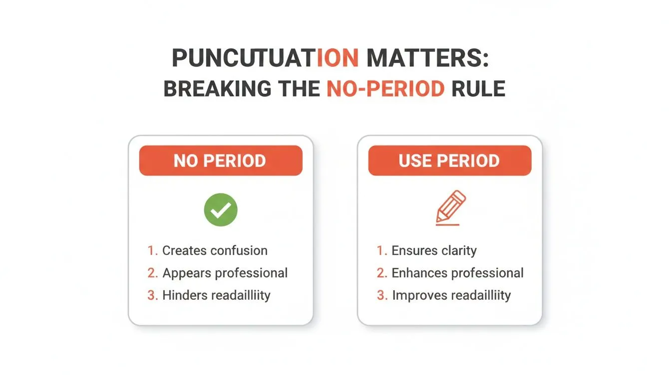 A graphic comparing text with and without periods, explaining impacts on clarity, professionalism, and readability.