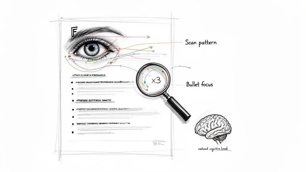 An eye scanning a document with bullet points, illustrating readability, focus, and reduced cognitive load.