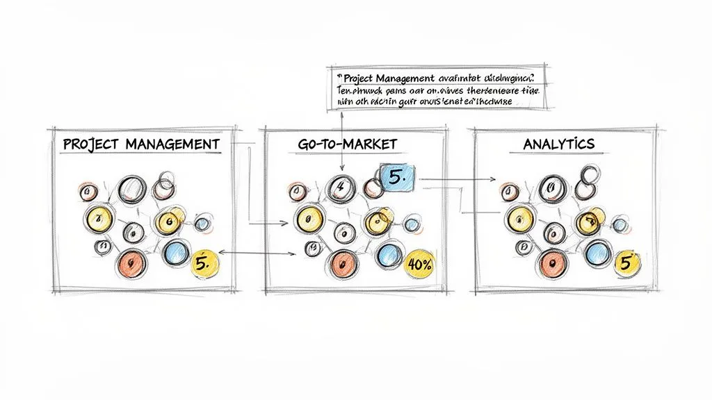 A hand-drawn diagram illustrating interconnected concepts for project management, go-to-market, and analytics with numbered circles.