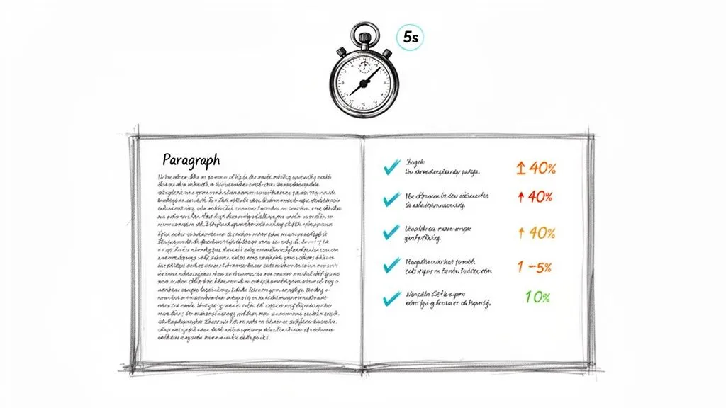 An open book displays a paragraph and a bulleted list with percentages, next to a 5-second stopwatch.